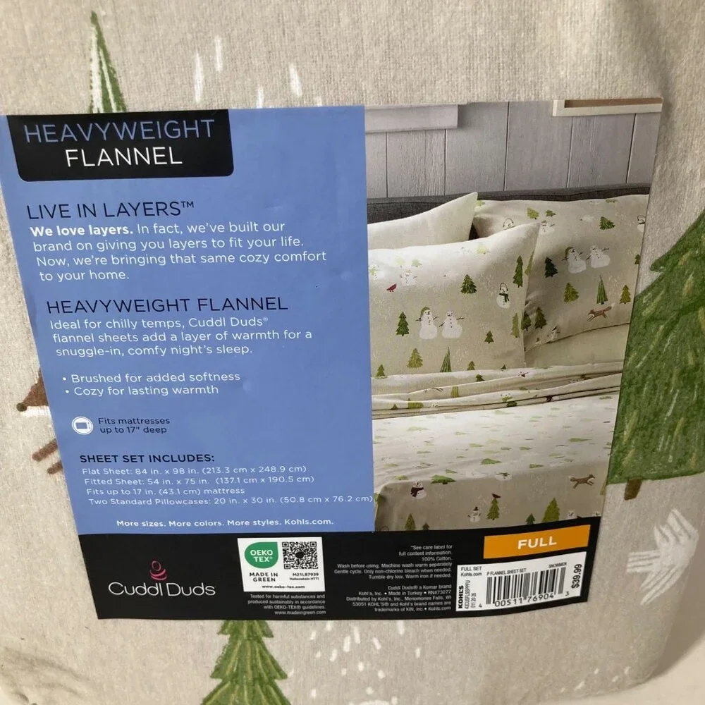 Cuddl Duds Brushed Cotton Full‎ Sheet Set In Bag Snowmen NIP